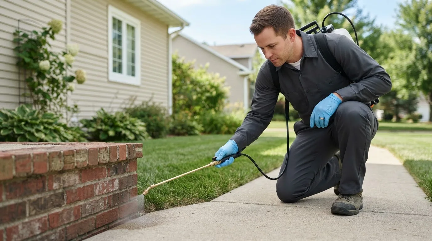 Pest control technician treating a home near Riverdale, ND