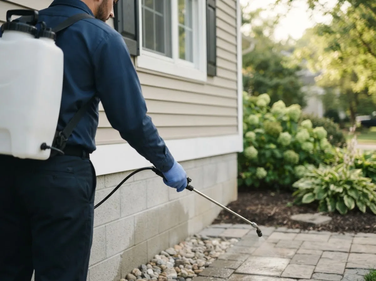 Pest control technician inspecting a home in Riverdale, ND